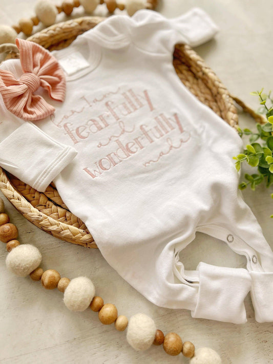 Newborn Baby Girl Outfit | White Romper Fearfully Wonderfully Made In Blush Pink