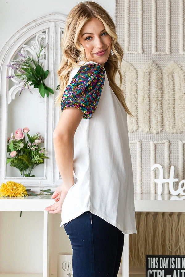 Cotton Blend Multi-Color Sequin Puff Sleeve Blouse