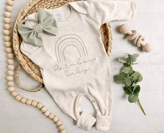 Neutral Tone Boho Baby Outfit With A Sweet Muted Rainbow