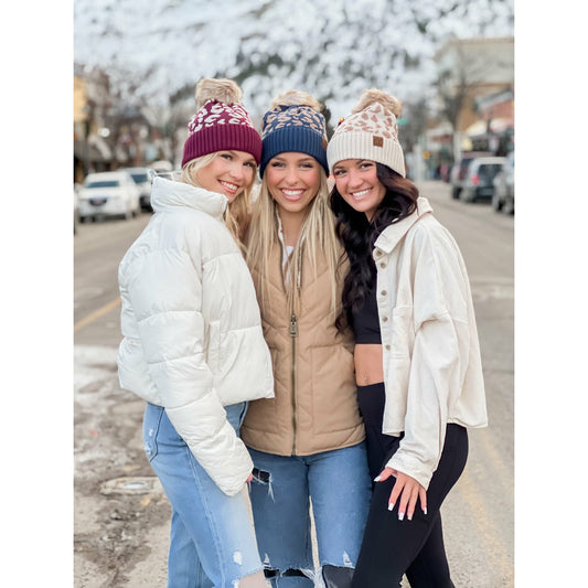 Leopard Pattern Fur Pom Beanie YJ2091