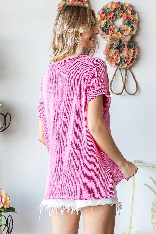 Solid Rib V Neck Side Slit Banded Short Sleeve Top T5482