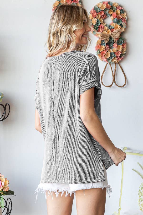 Solid Rib V Neck Side Slit Banded Short Sleeve Top T5482