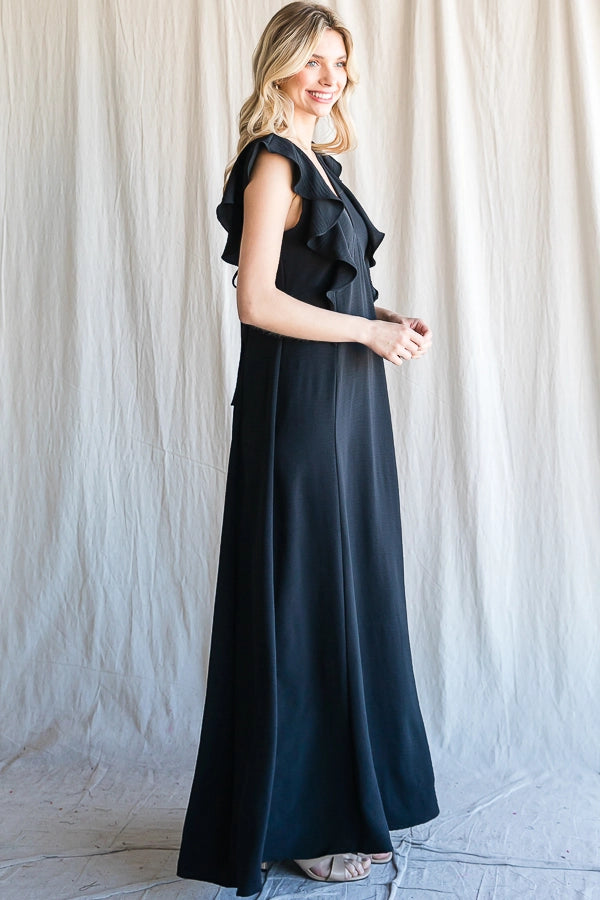 Flowy V-Neck Crossed Open Back Ruffle Maxi Dress