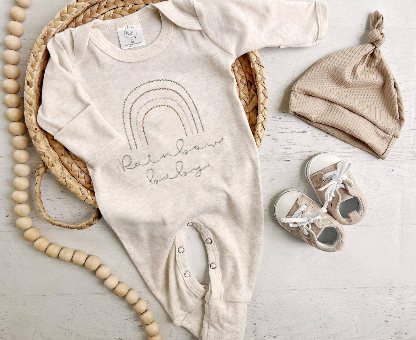 Neutral Tone Boho Baby Outfit With A Sweet Muted Rainbow