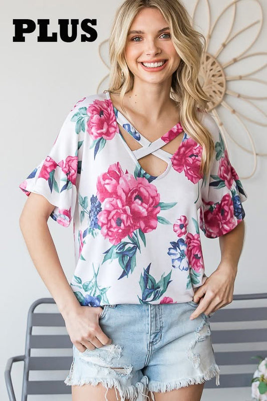 Criss Cross ruffle sleeve top-flowers