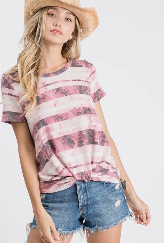 Stripe Tie Dye Knotted Front Short Sleeve Top