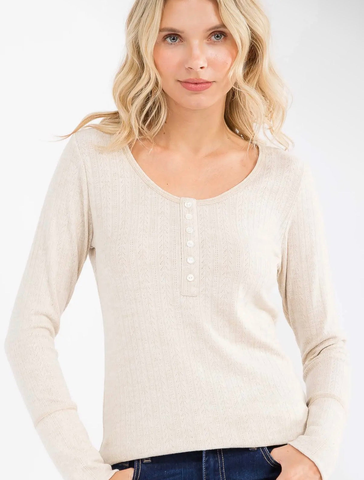 Solid Rib Button Front Long Sleeve Tee-White Medium