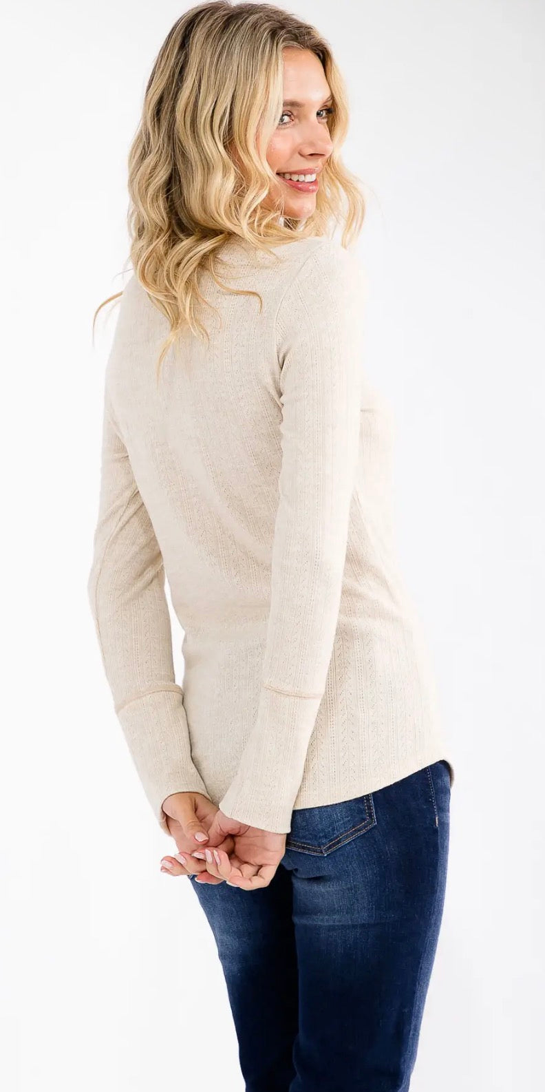 Solid Rib Button Front Long Sleeve Tee-White Medium