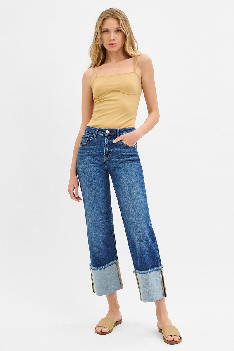 Risen MID RISE CROP WIDE CUFFED JEANS
