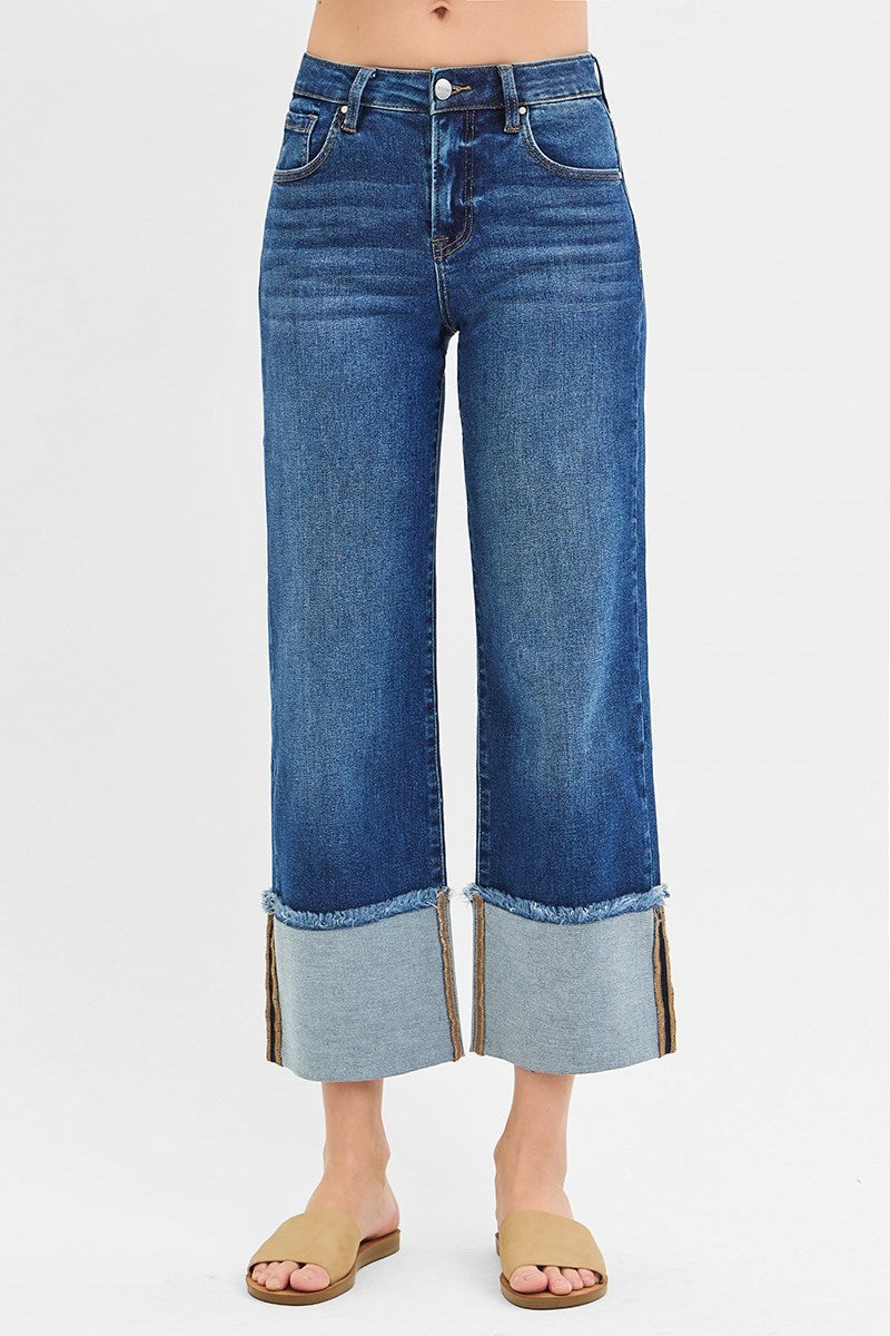 Risen MID RISE CROP WIDE CUFFED JEANS