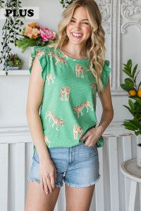 PLUS TIGER PRINT RUFFLE SLEEVE TOP