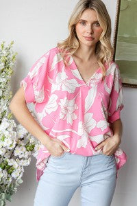FLORAL V NECK SHORT SLEEVE BLOUSE