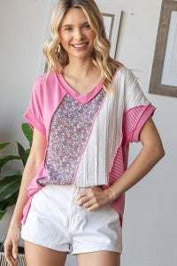 PATCHWORK V NECK SHORT SLEEVE TOP