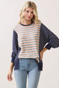 STRIPED RIB CONTRAST LONG SLEEVE PULLOVER TOP