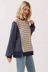 STRIPED RIB CONTRAST LONG SLEEVE PULLOVER TOP
