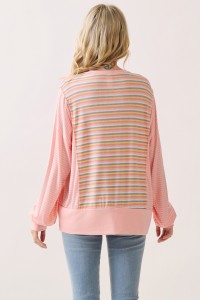 STRIPED RIB CONTRAST LONG SLEEVE PULLOVER TOP