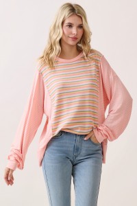 STRIPED RIB CONTRAST LONG SLEEVE PULLOVER TOP