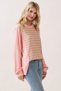 STRIPED RIB CONTRAST LONG SLEEVE PULLOVER TOP
