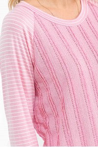 STRIPED RAGLAN SLEEVES TEXTURED KNIT TOP