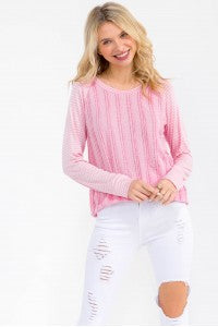STRIPED RAGLAN SLEEVES TEXTURED KNIT TOP