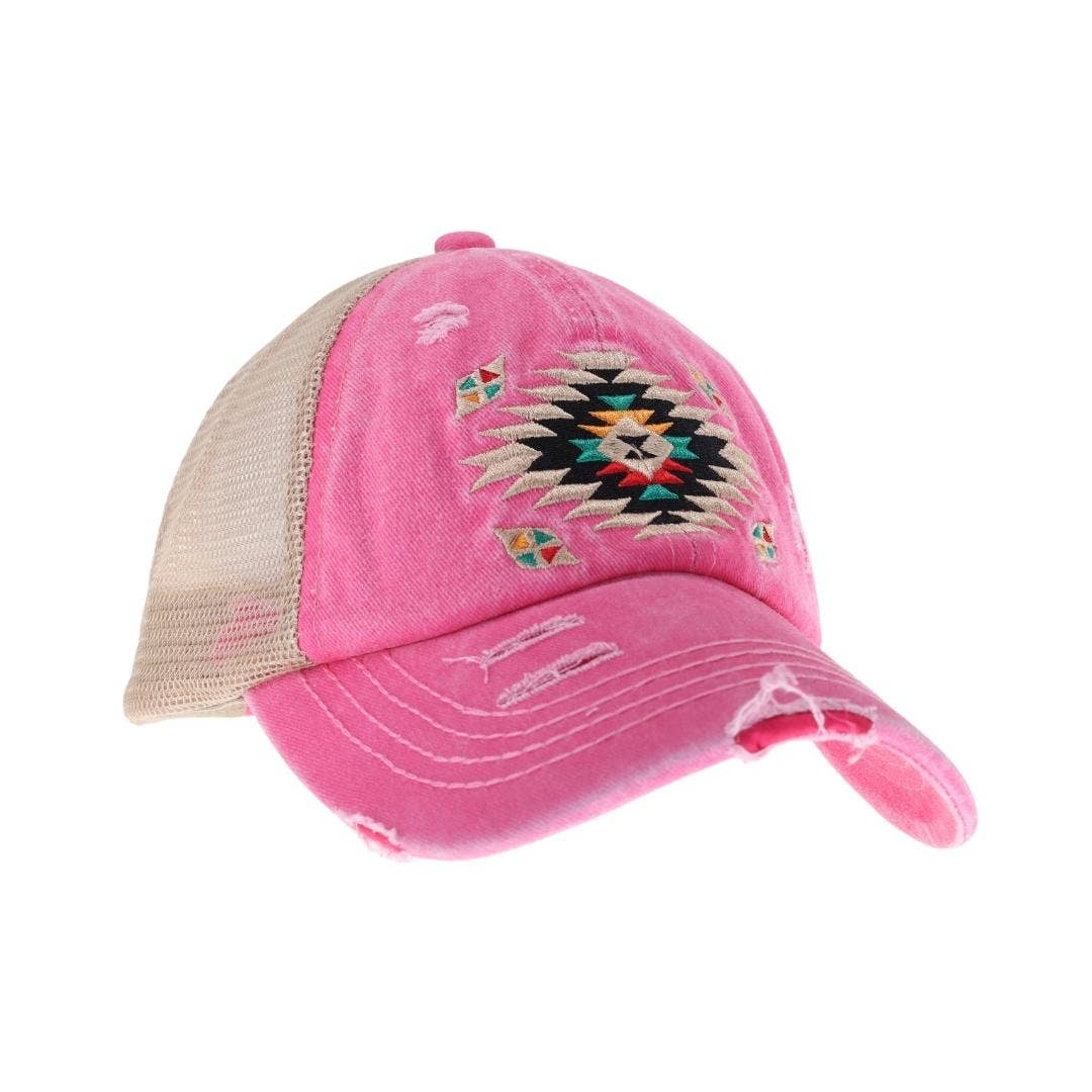 Distressed Aztec Patch Criss Cross High Pony C.C Ball Cap BT