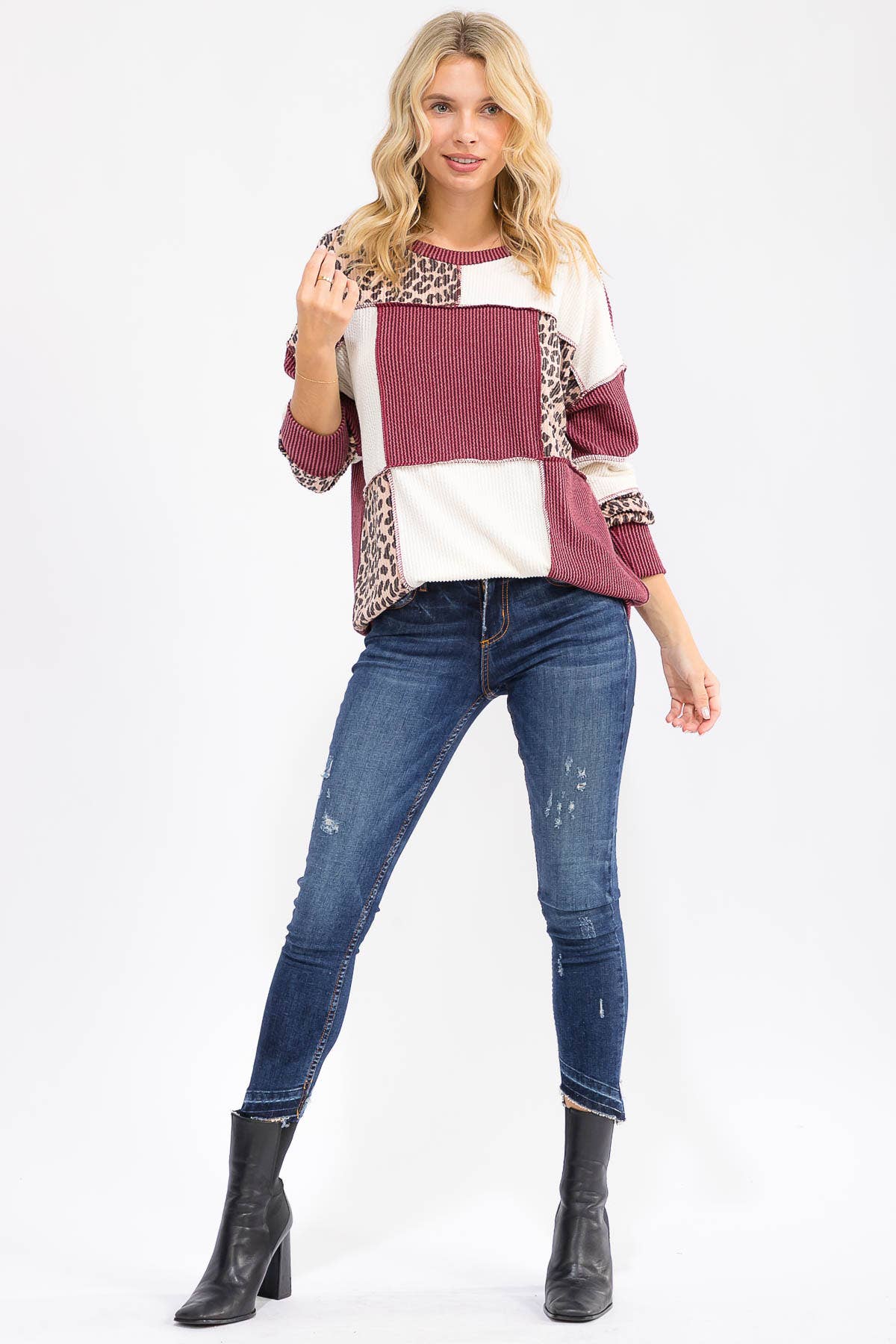 Leopard Patchwork Color Block Rib Knit Pullover Top T6089