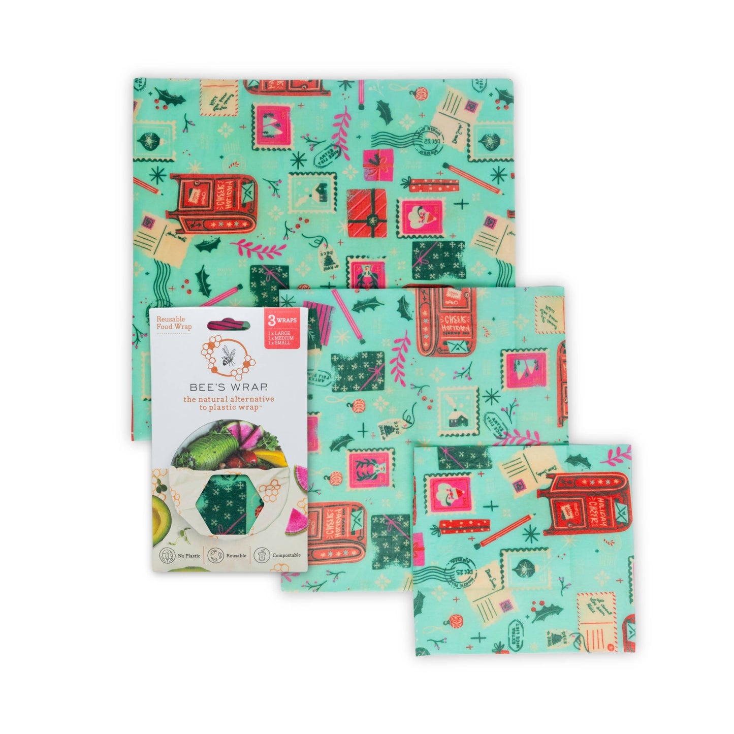NEW! Seasons Greetings Assorted 3 Pack, Reusable Food Wraps