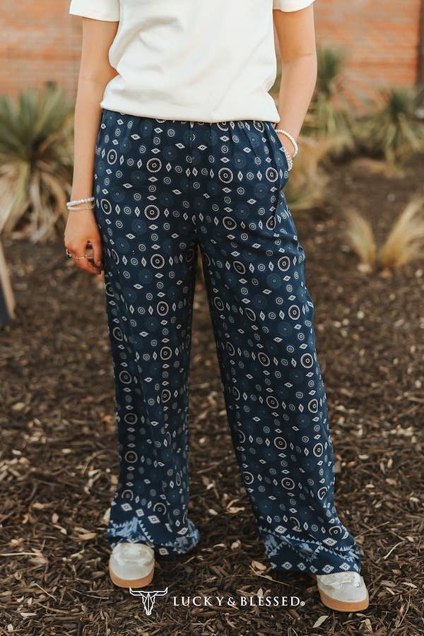 Navy Blue Aztec Printed Elastic Waist Wide Leg Pants