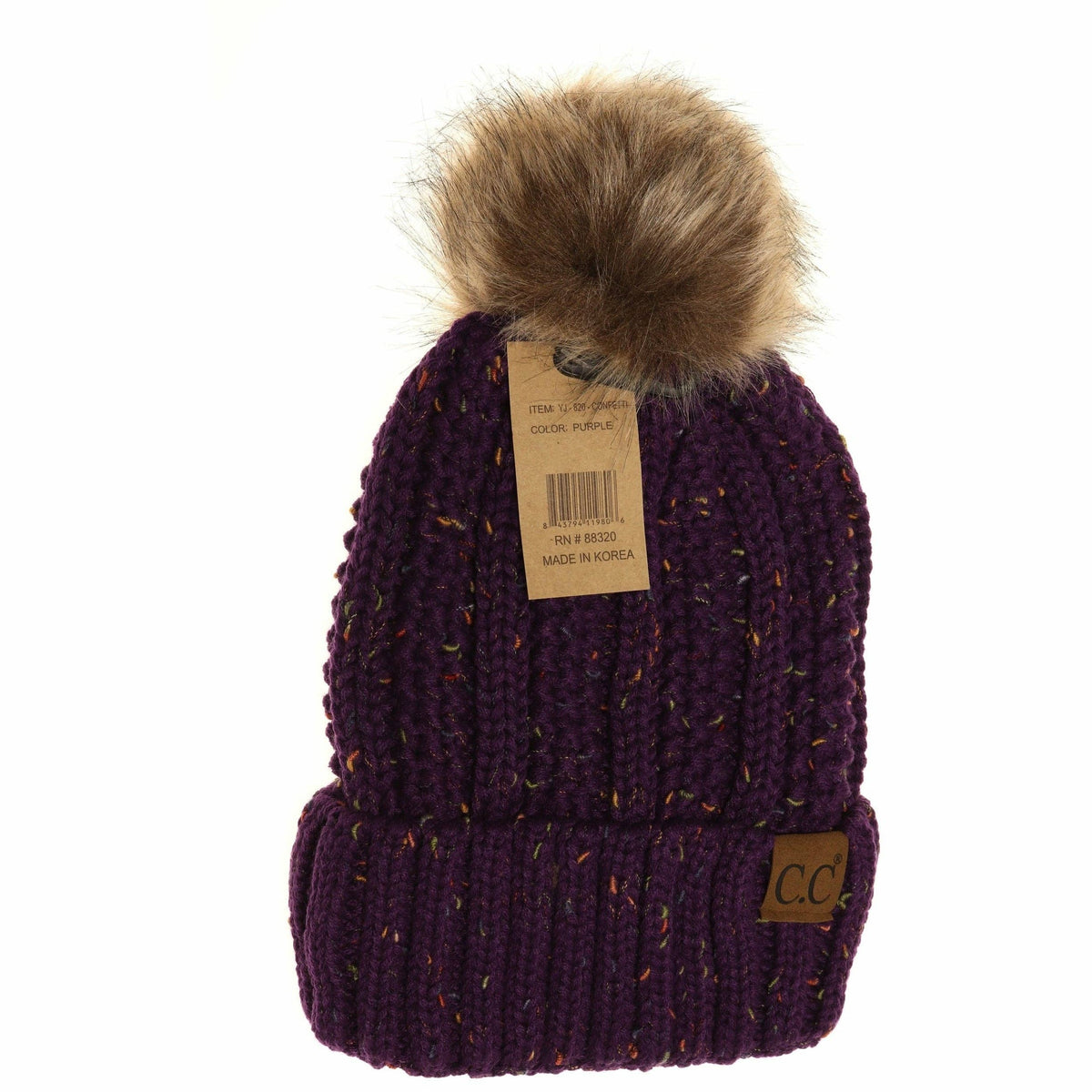 Fuzzy Lined Flecked Fur Pom CC Beanie YJ820CONFETTI