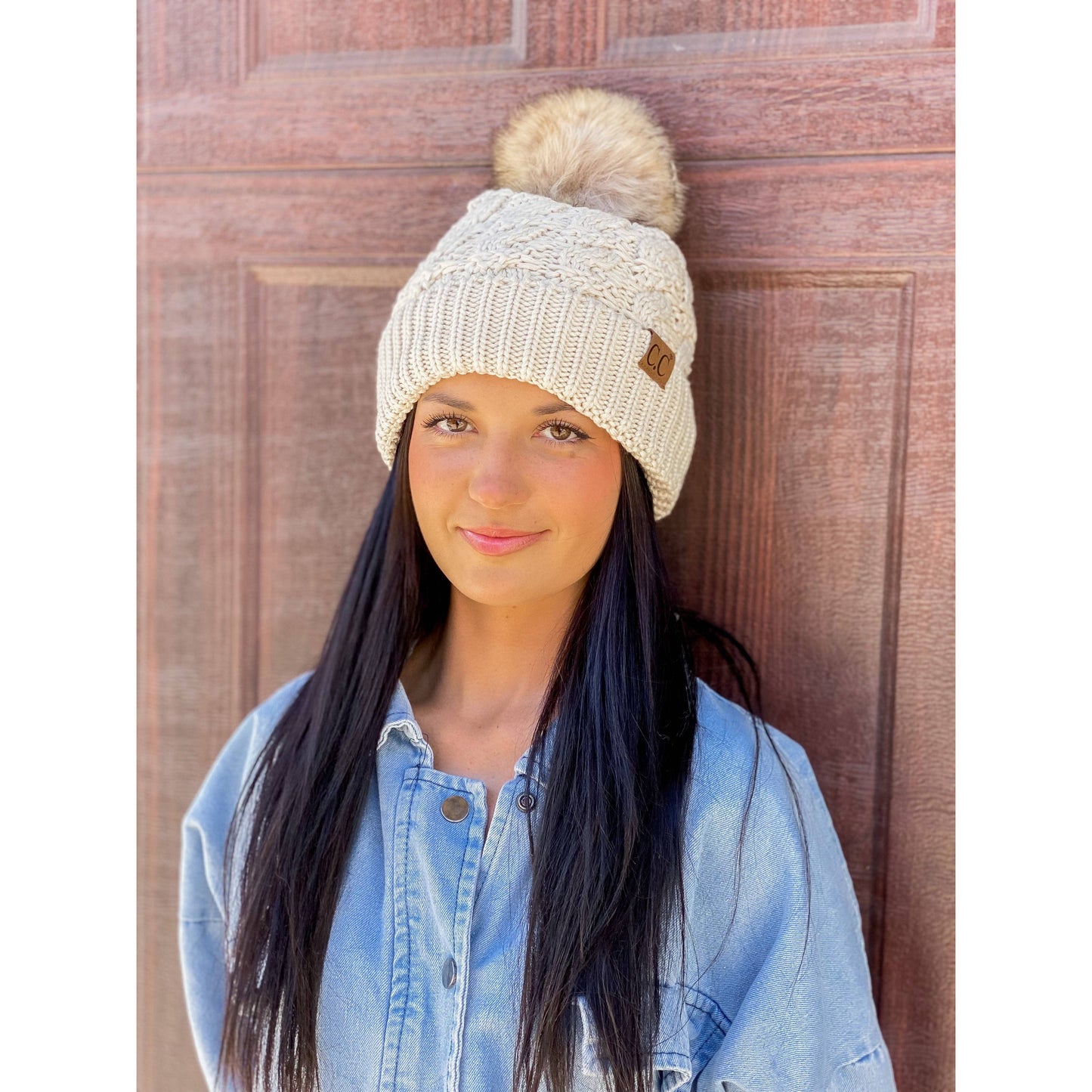 Ribbed Cable Knit Fur Pom Beanie YJ2021