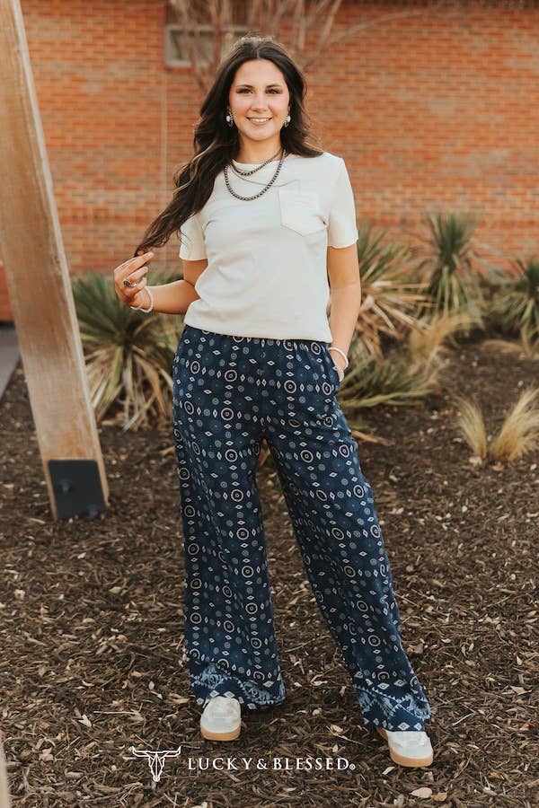 Navy Blue Aztec Printed Elastic Waist Wide Leg Pants