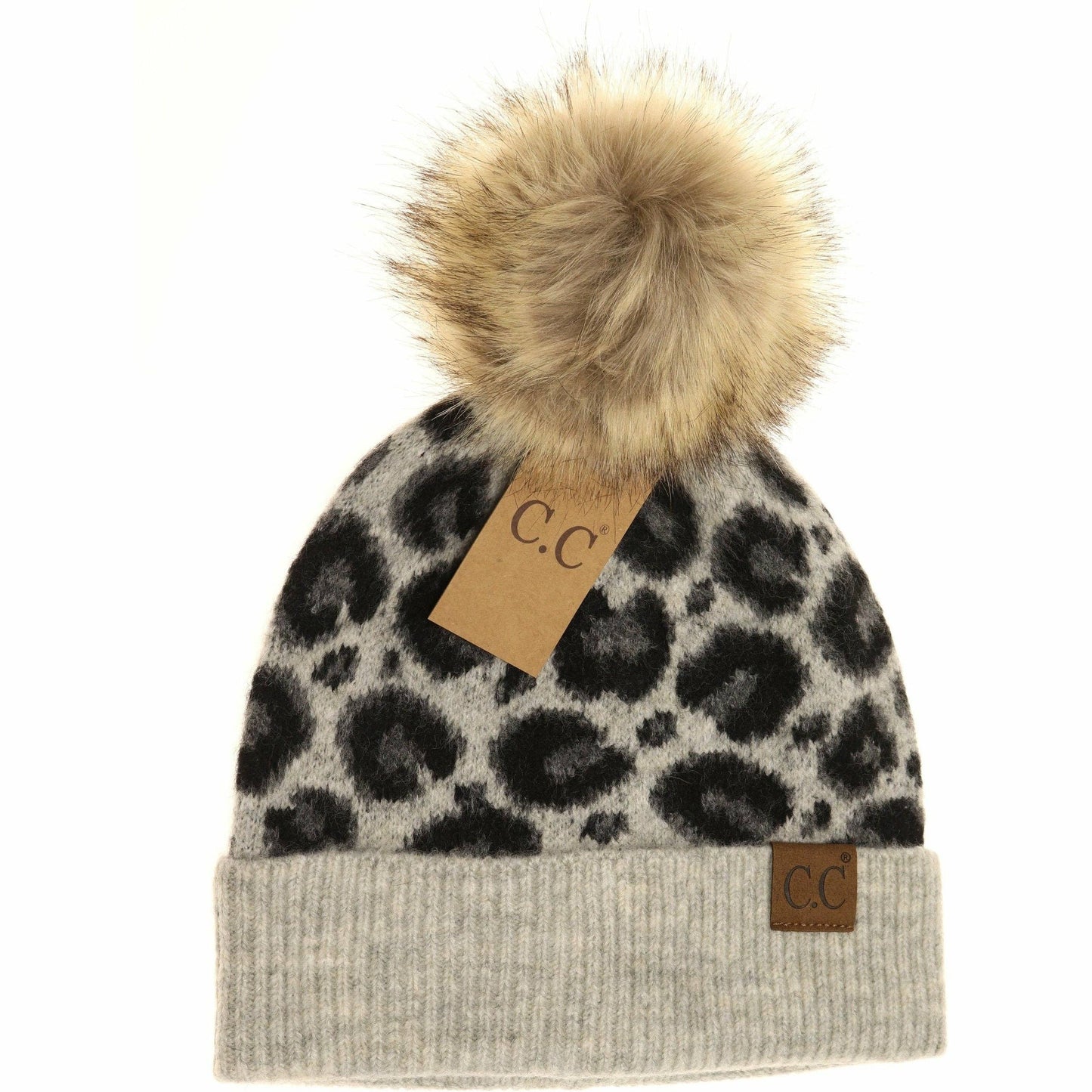 Leopard Pattern Faux Fur Pom Beanie HAT3513