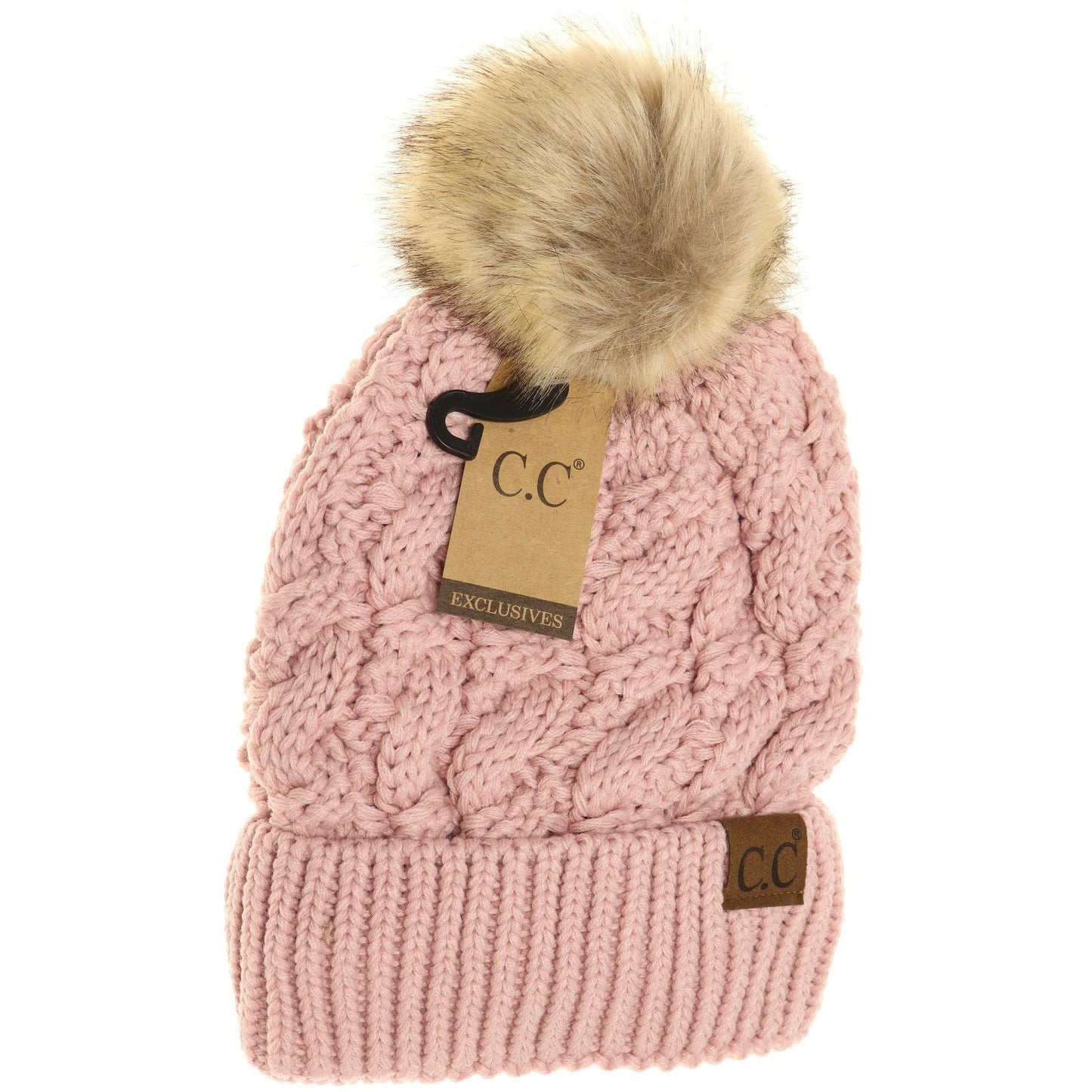 Ribbed Cable Knit Fur Pom Beanie YJ2021