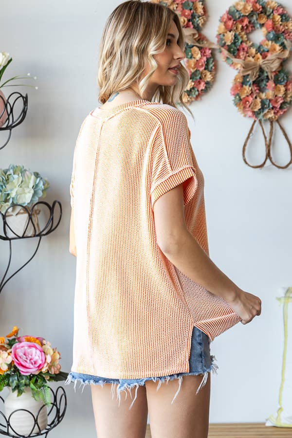 Solid Rib V Neck Side Slit Banded Short Sleeve Top T5482