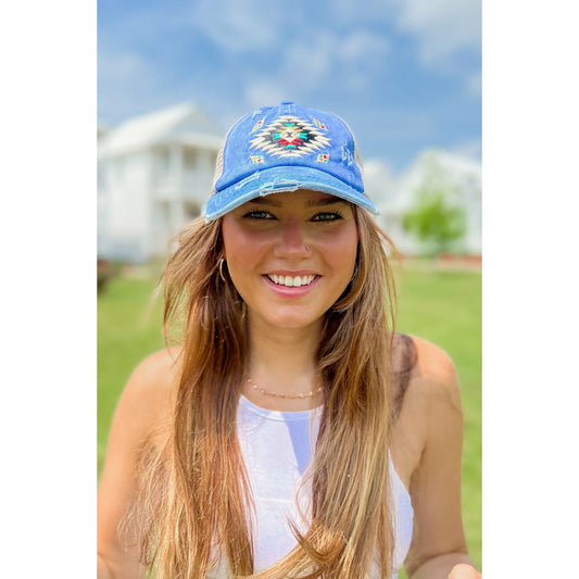 Distressed Aztec Patch Criss Cross High Pony C.C Ball Cap BT