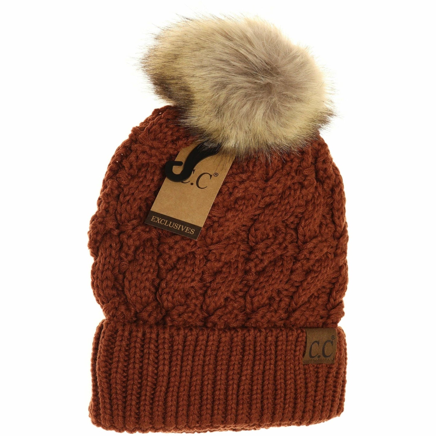 Ribbed Cable Knit Fur Pom Beanie YJ2021
