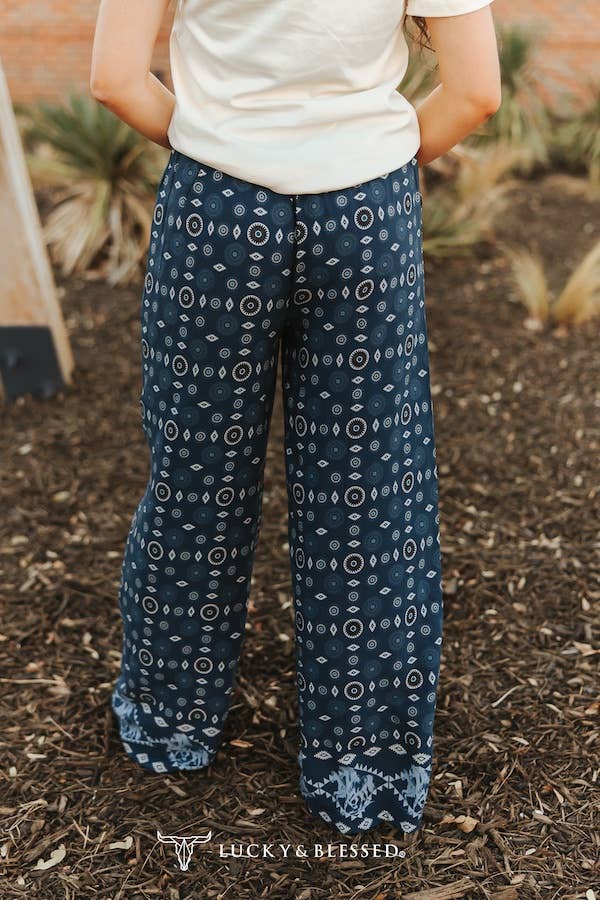 Navy Blue Aztec Printed Elastic Waist Wide Leg Pants
