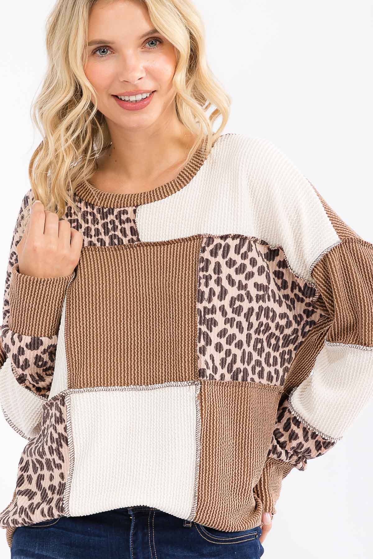 Leopard Patchwork Color Block Rib Knit Pullover Top T6089