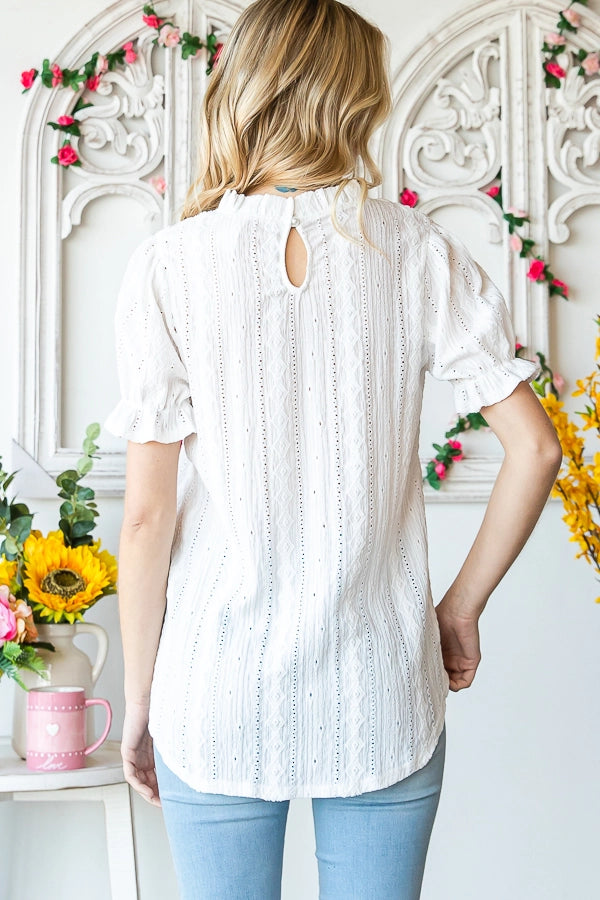 Eyelet Lace Puff Sleeves Mock Neck Blouse