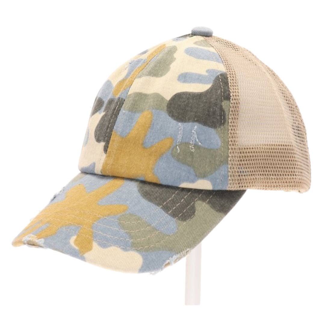 KIDS Distressed Camouflage Criss-Cross High Ponytail CC Ball