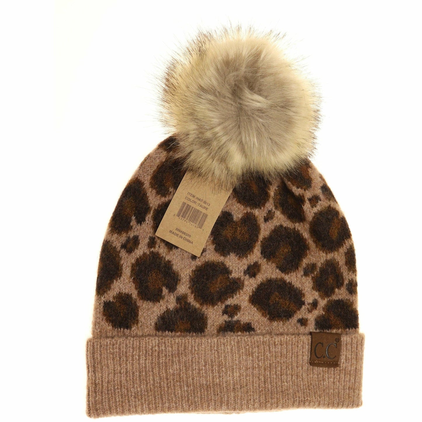 Leopard Pattern Faux Fur Pom Beanie HAT3513