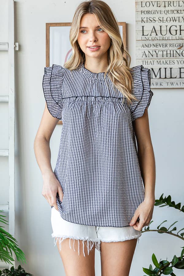 Gingham Ruffle Mock Neck Double Ruffle Blouse T5497