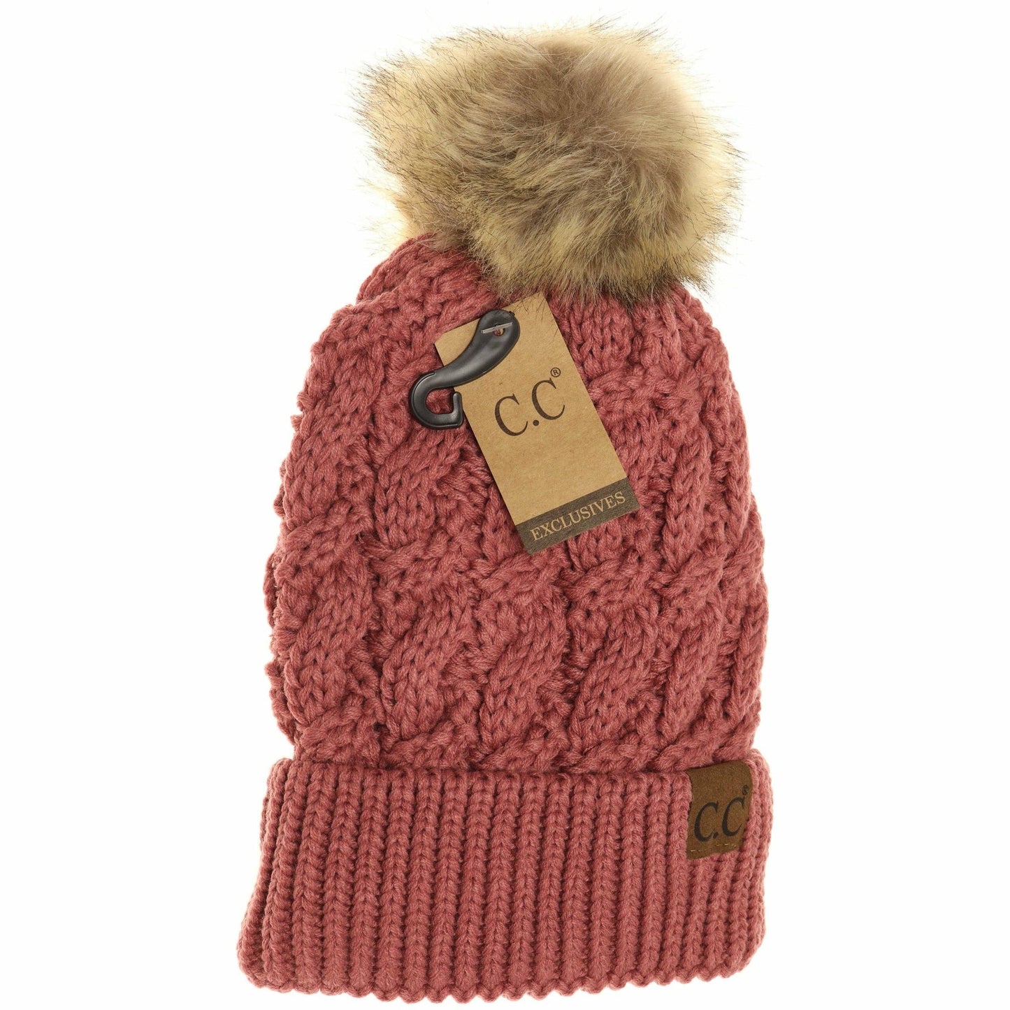 Ribbed Cable Knit Fur Pom Beanie YJ2021
