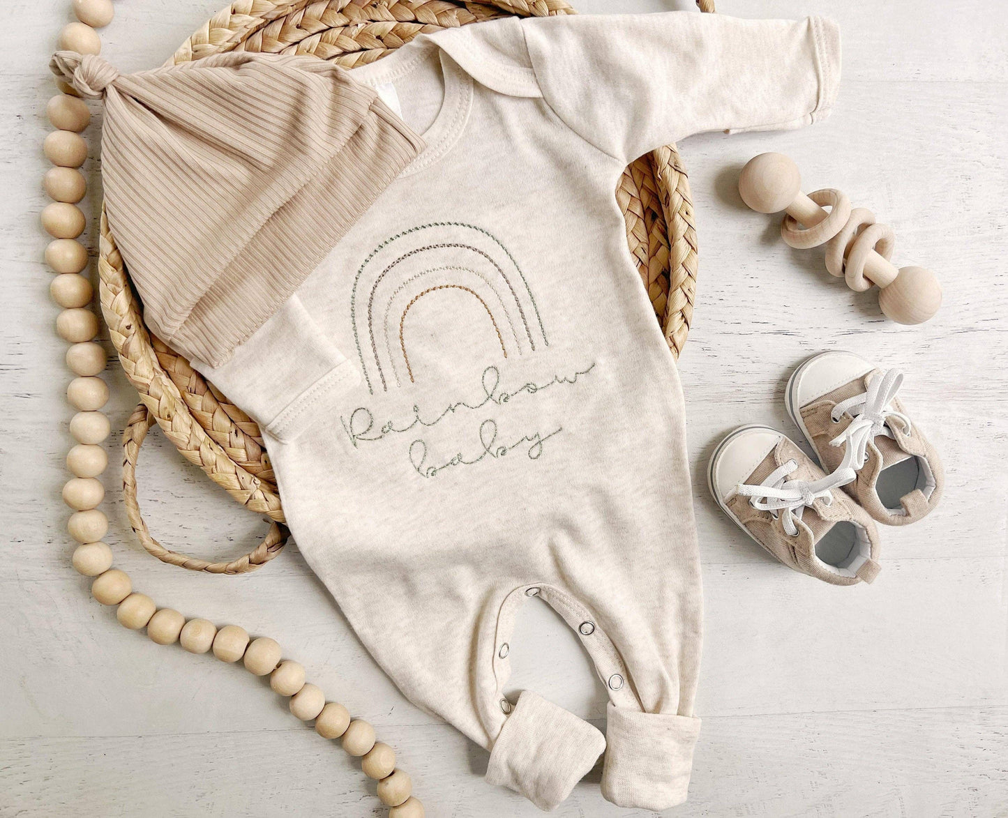 Neutral Tone Boho Baby Outfit With A Sweet Muted Rainbow