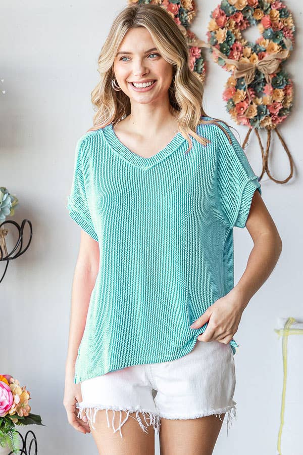 Solid Rib V Neck Side Slit Banded Short Sleeve Top T5482