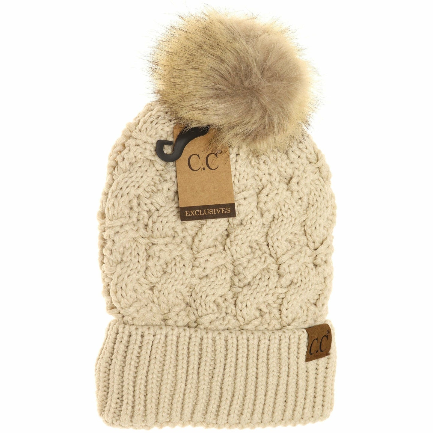 Ribbed Cable Knit Fur Pom Beanie YJ2021
