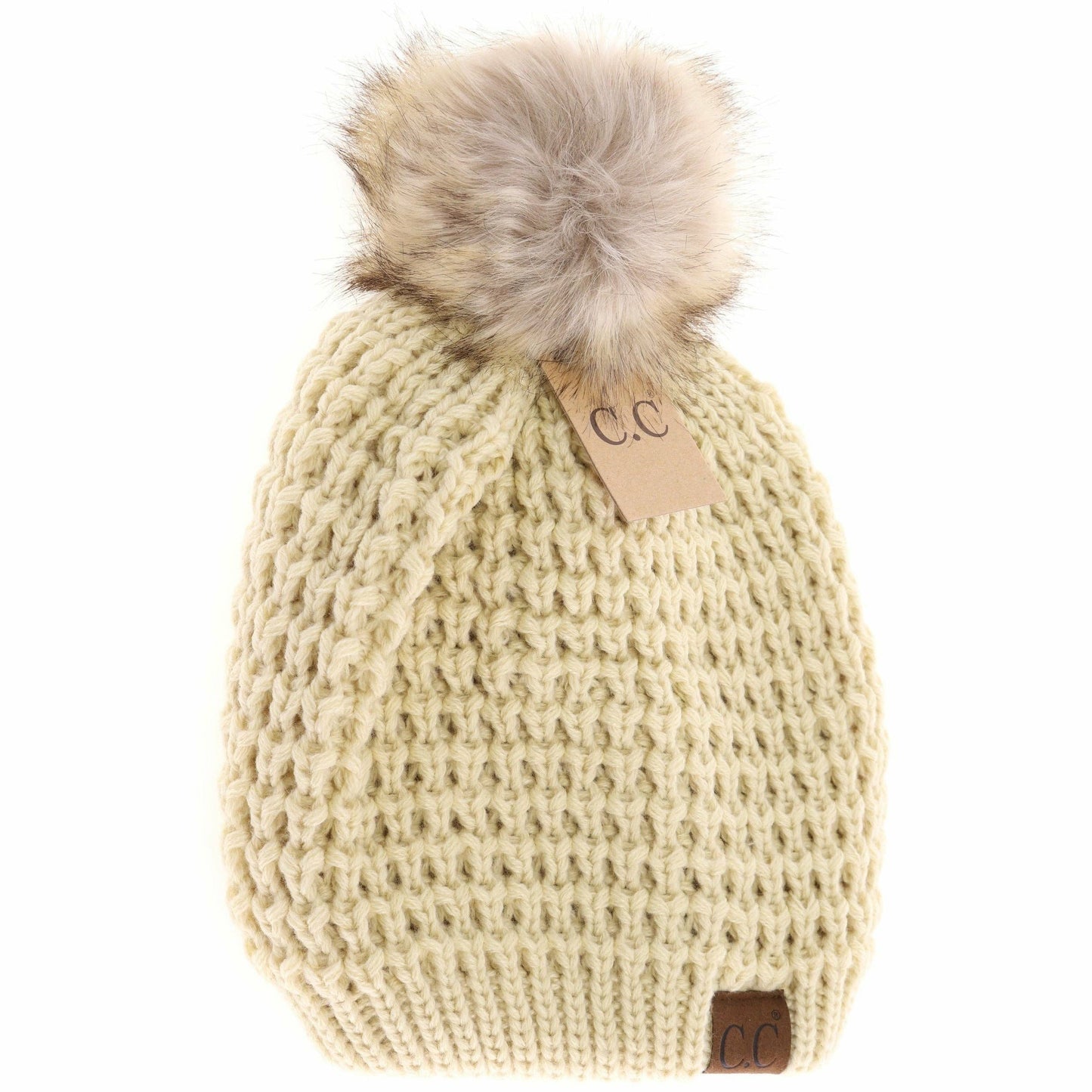 Solid Waffle Stitch Fur Pom C.C Beanie HAT2071