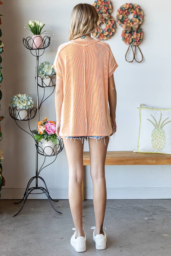 Solid Rib V Neck Side Slit Banded Short Sleeve Top T5482