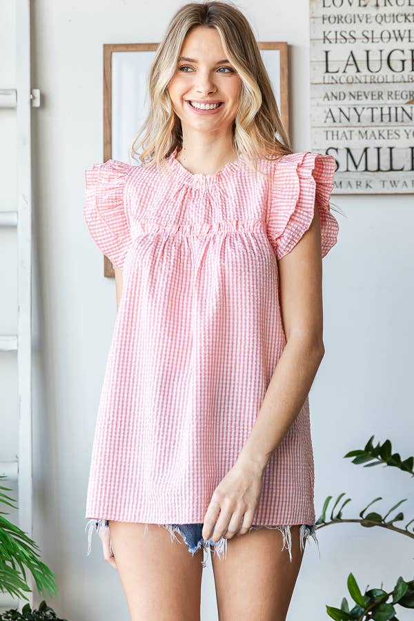 Gingham Ruffle Mock Neck Double Ruffle Blouse T5497