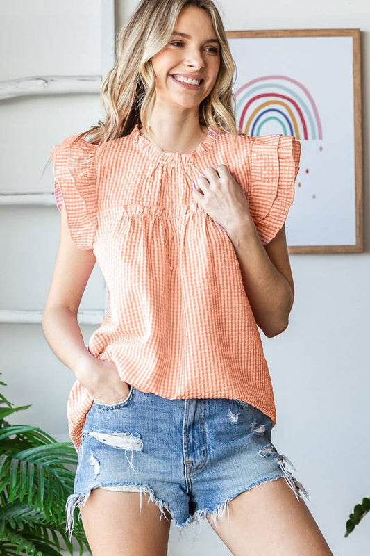 Gingham Ruffle Mock Neck Double Ruffle Blouse T5497